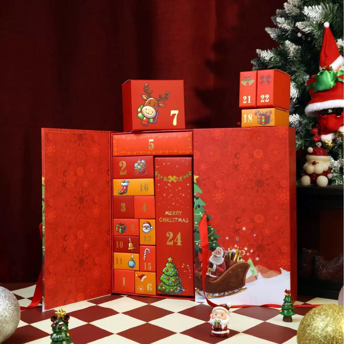 Advent Calendar Red Box with Santa and Deer 24-Day